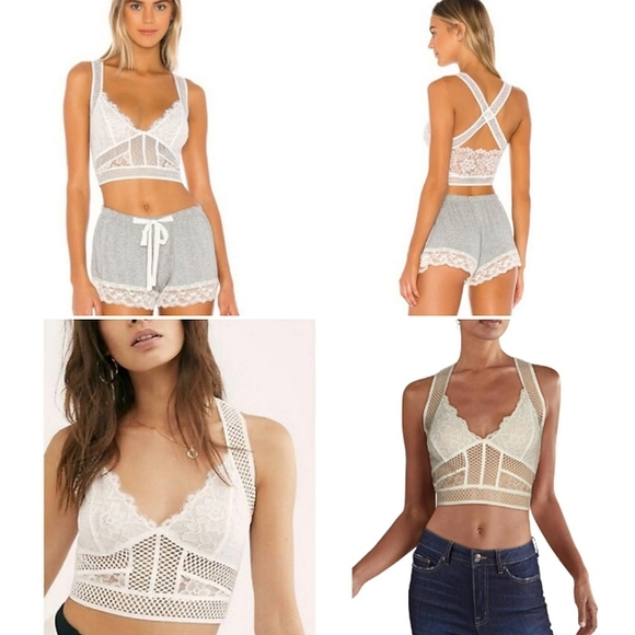 Med left Free People Floral Mesh Strappy Brami Top, Ivory white - Picture 4 of 9